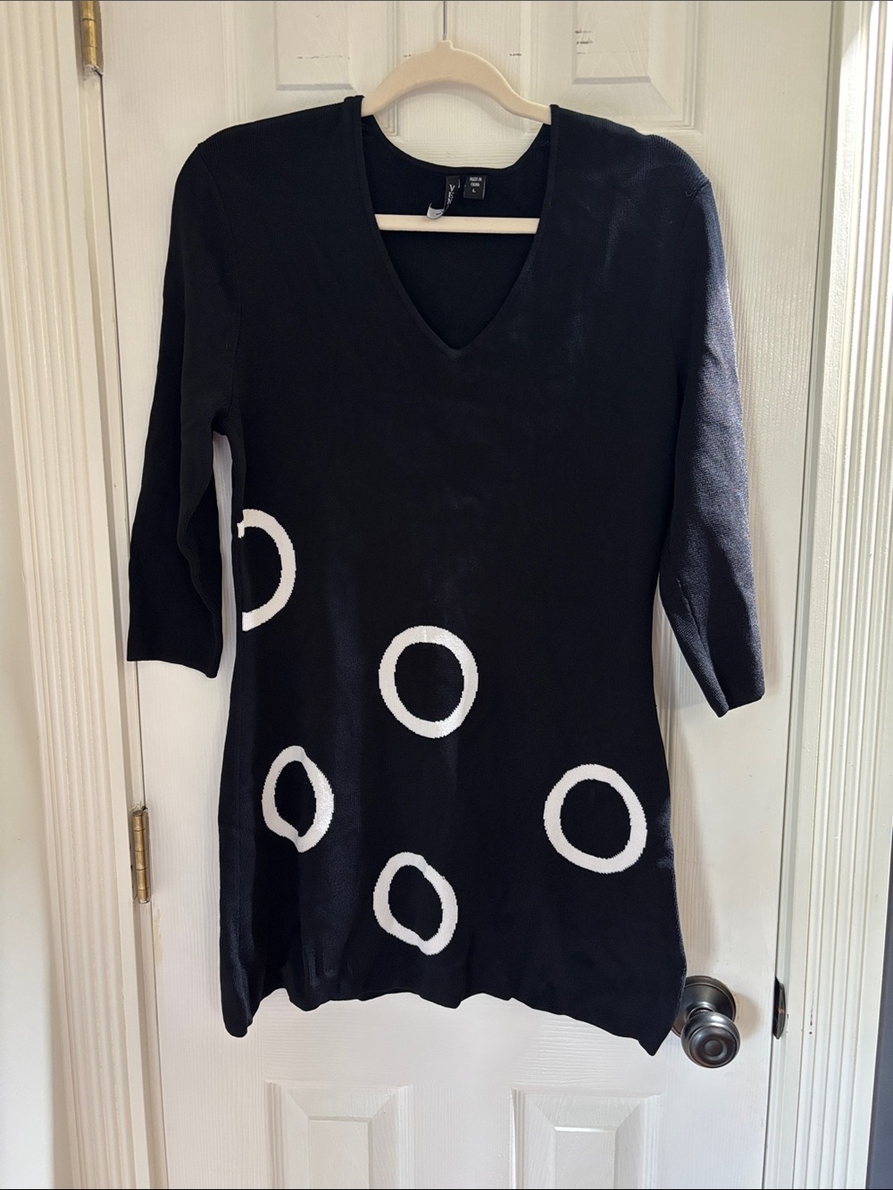 Venini Black V-Neck Mini Dress with White Circle Details